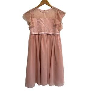 Girls Rose Pink Lace Flutter Sleeve Special Occasion Dress 12-13